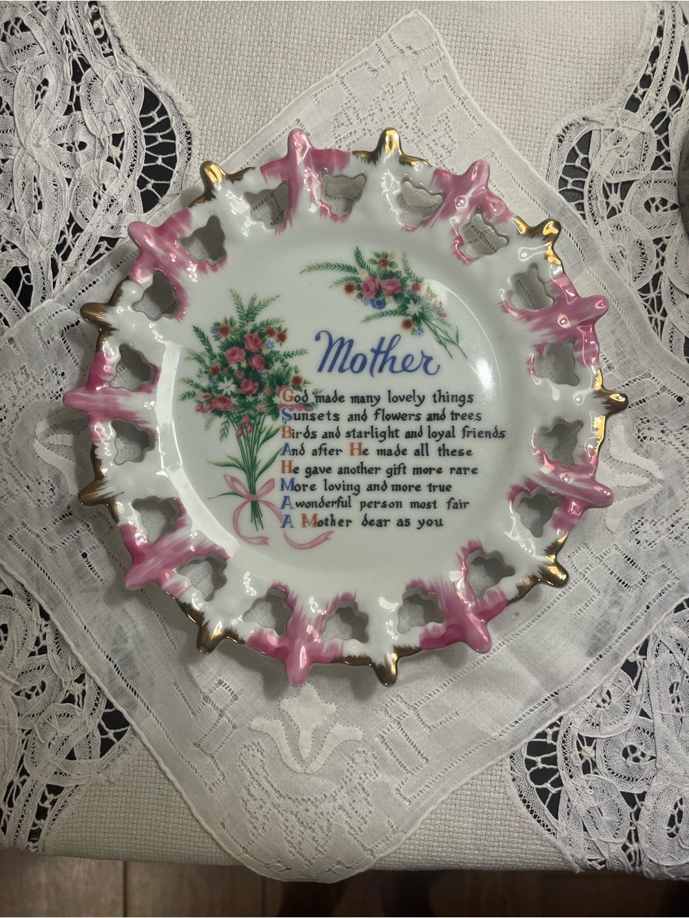 Mother Decorative Porcelain Plate with Pink Trim and Gold Accents